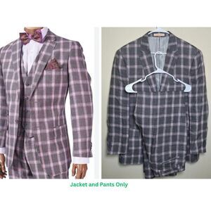 INSERCH 100% Linen Mens Suit Set 42R/36R Sport Coat Blazer Pant Plaid Pink Gray